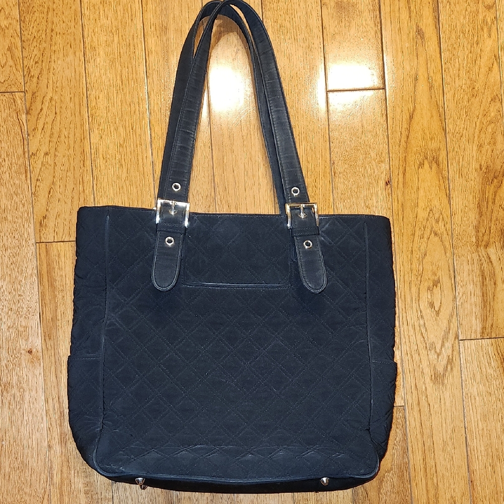 Vera Bradley Black Quilted Tote Bag Zip Top Adjustable Buckle Straps